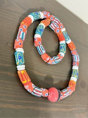 Colorful Hand-Painted African Trade Bead Necklace - Red + Blue + Yellow